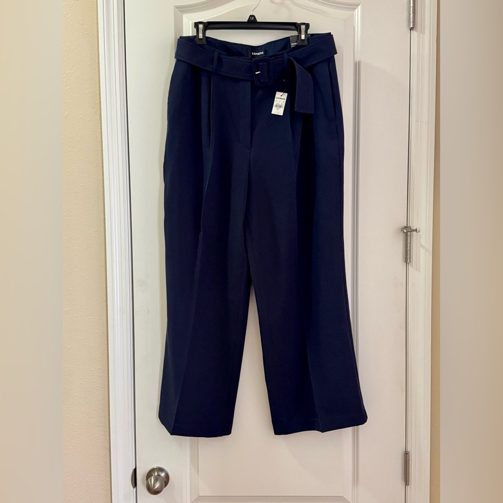 High Waisted, Belted Navy Blue Trousers